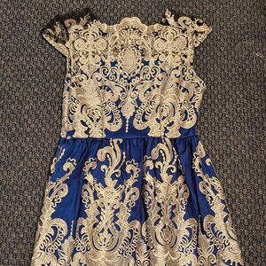 Gold / Royal Blue Lace A-Line Dress (fits small)